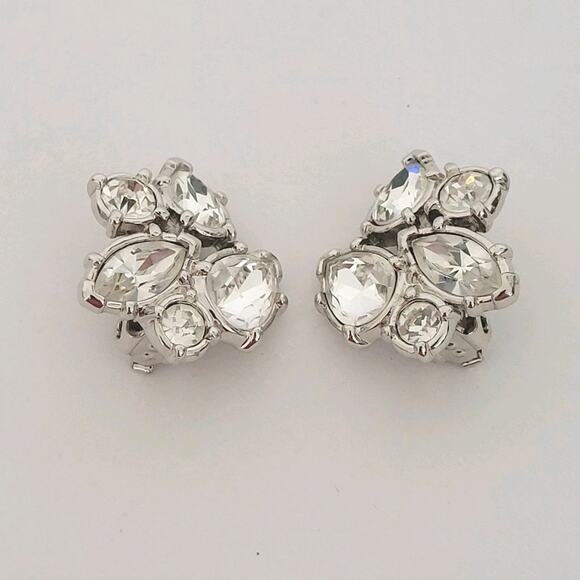 Swarovski Silver Tone Crystal Clear Cluster Button Clip On Earrings - Picture 1 of 6